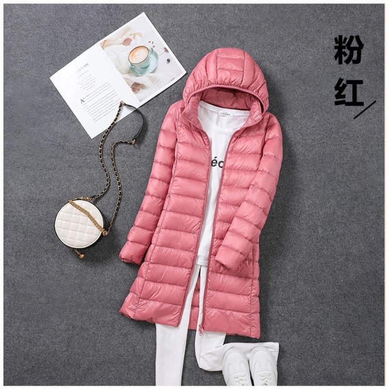 New autumn and winter large size light and thin down jacket women's medium and long white duck down light jacket removal cap
