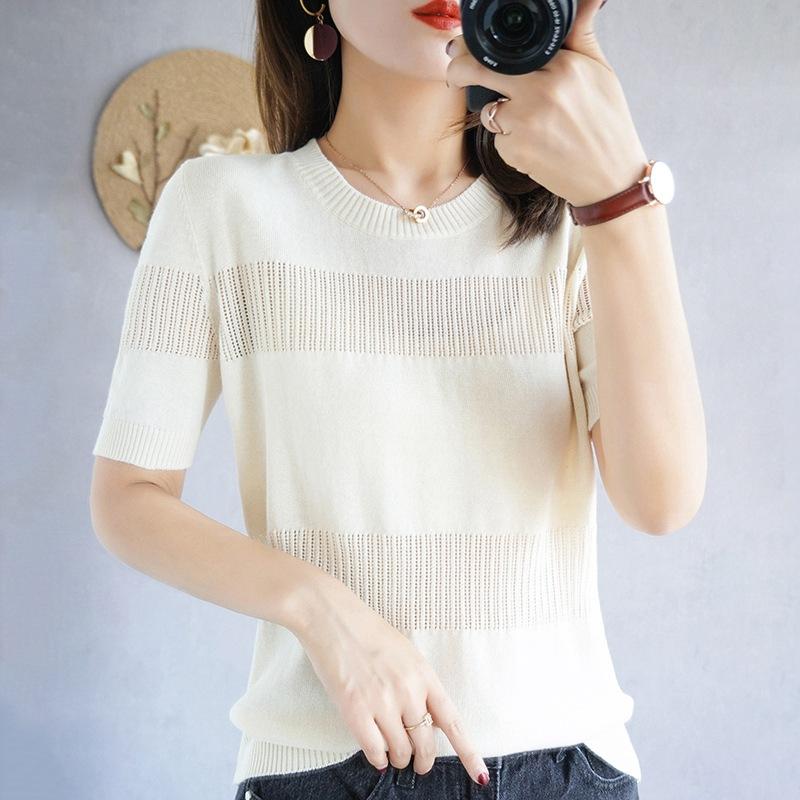 Round Neck Cotton Thread Short-sleeved Knitted T-shirt for Women's Summer Pullover Half-sleeved Loose and Versatile Fashionable Vest Top