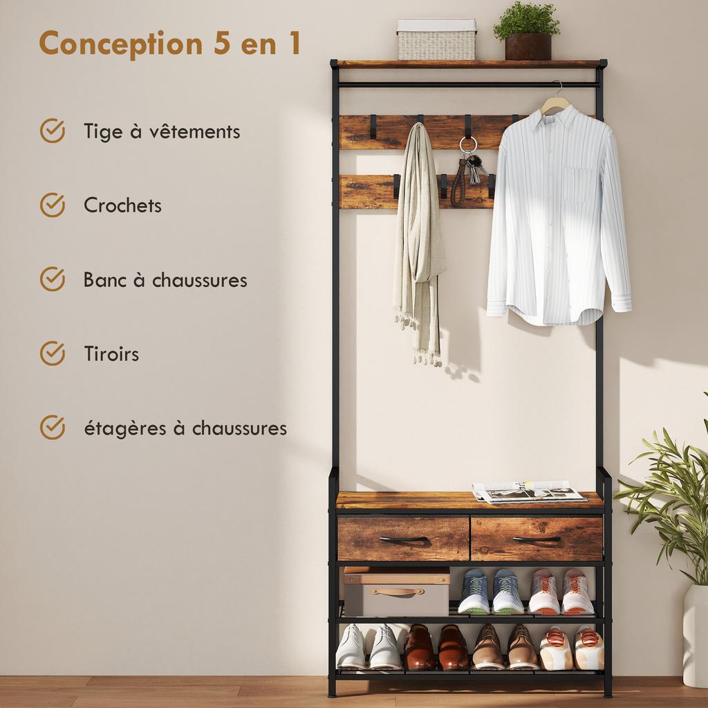 5-in-1 Coat Rack, Bench, Rail, 10 Removable Hooks, 2 Drawers, Shoe Shelf, 80x30x181.5cm Rustic Brown