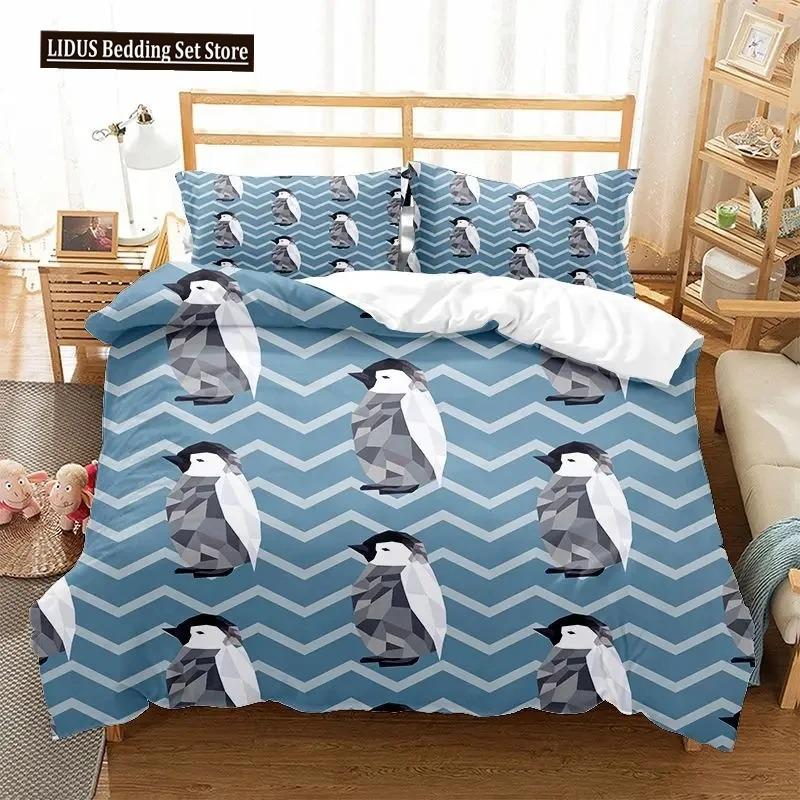 Cartoon Penguin Duvet Cover Set For Boys Girl Animated Antarctic Animal Polyester Quilt Cover White Black King Queen Size