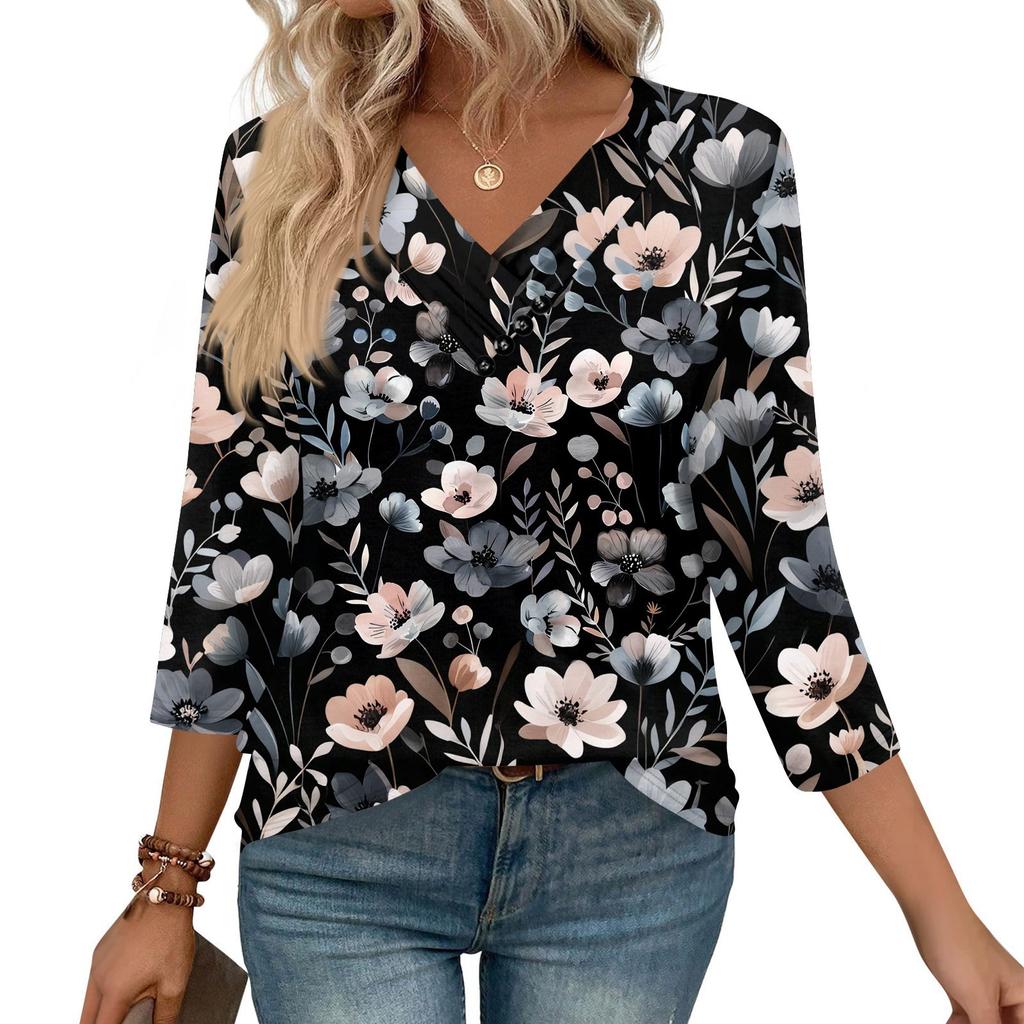 Women's Print Top Button-down V-neck T-shirt 3/4 Sleeve Loose Fashion Top