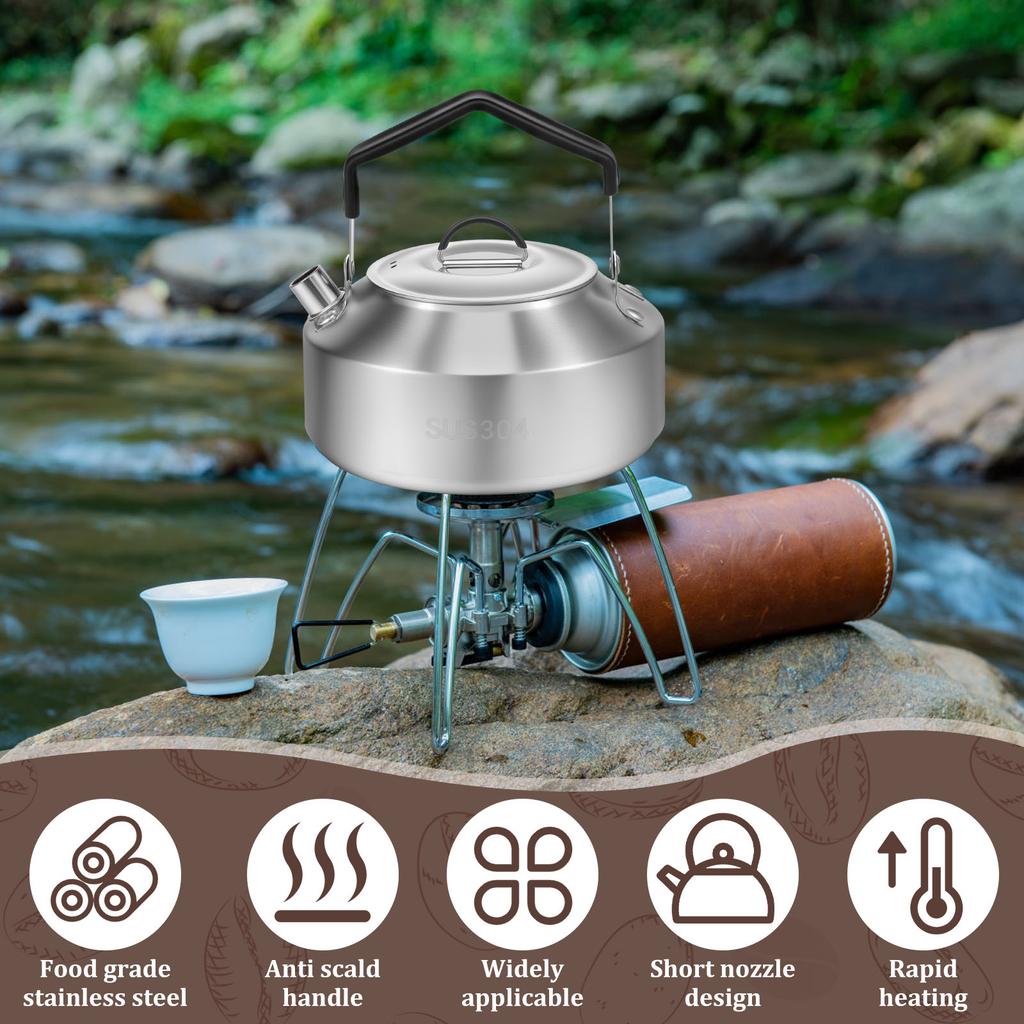 1/1.5L Camping Kettle with Anti Scald Handle Stainless Steel Portable Outdoor Camp Tea Coffee Pot for Travel Outdoor Activity