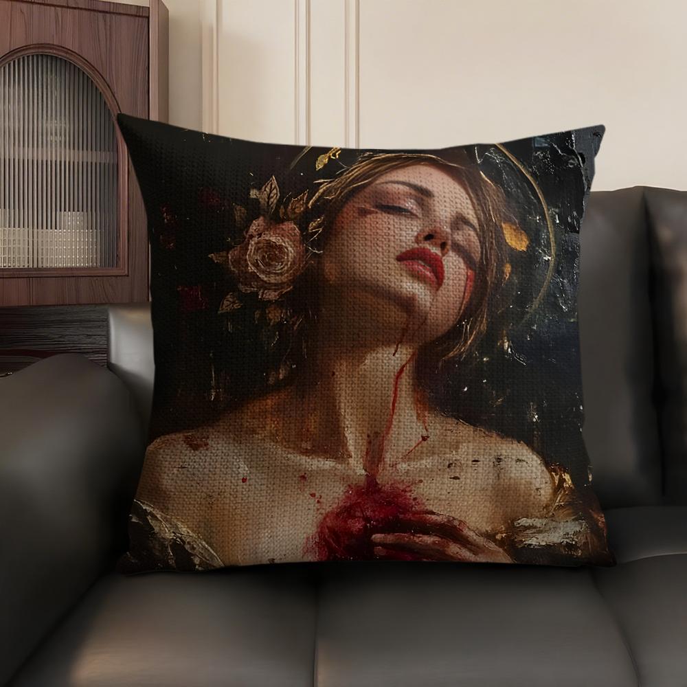 Medieval European Lady Cushion Cover Natural Linen Organic Fabric DoubleSided Printing Sofa Home Decor Gift Pillow Case