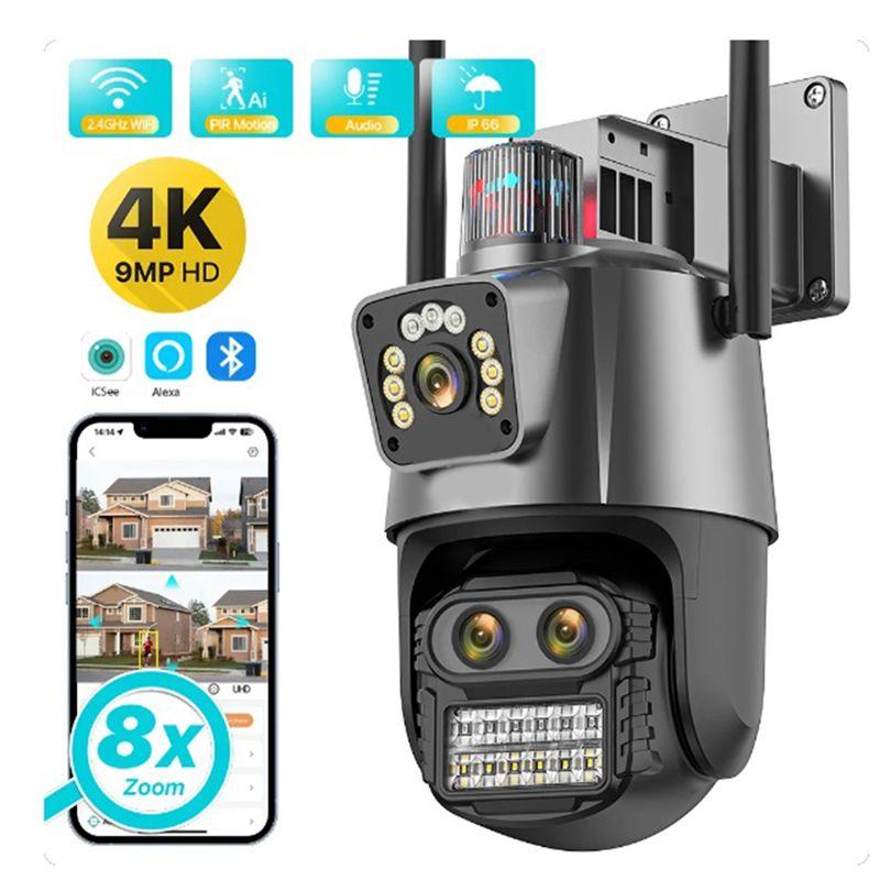 ABUO-Outdoor PTZ Camera 9MP 4K HD 8X Hybrid Zoom Triple Lens Dual Screen Wifi IP Camera Alarm CCTV Surveillance EU-Plug Easy To
