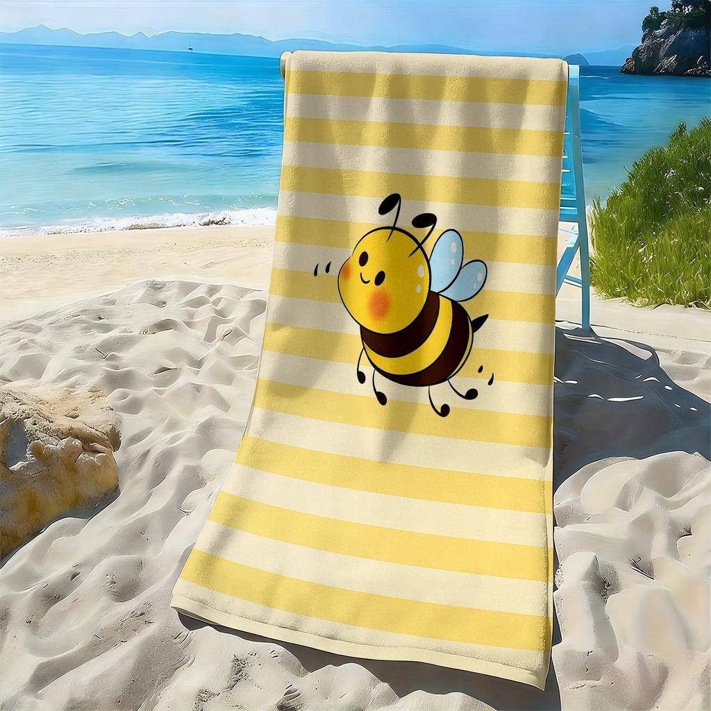 Asciugamano da Spiaggia Ape Carina, Ape Miele Kawaii su Striscia Gialla Asciugamano da Bagno Sovradimensionato, Morbido Asciugatura Rapida Coperta Estiva 1 pz