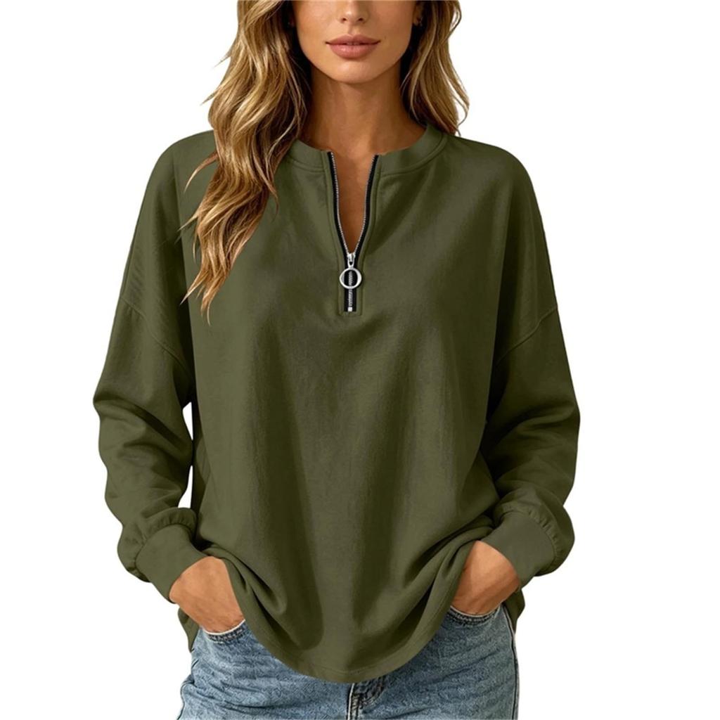 Damen Lockerer Pullover Sweatshirt Langarm Lässiges Oberteil mit halbem Reißverschluss Bequeme Alltagskleidung