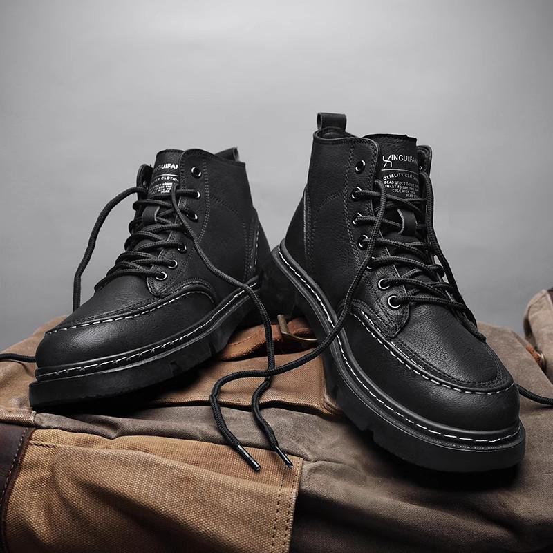 Men's 2024 Anti-Slip Soft Sole British Style Leather High-Top Boots, Work Boots, Martin Boots, Plus Velvet for Autumn and Winter.