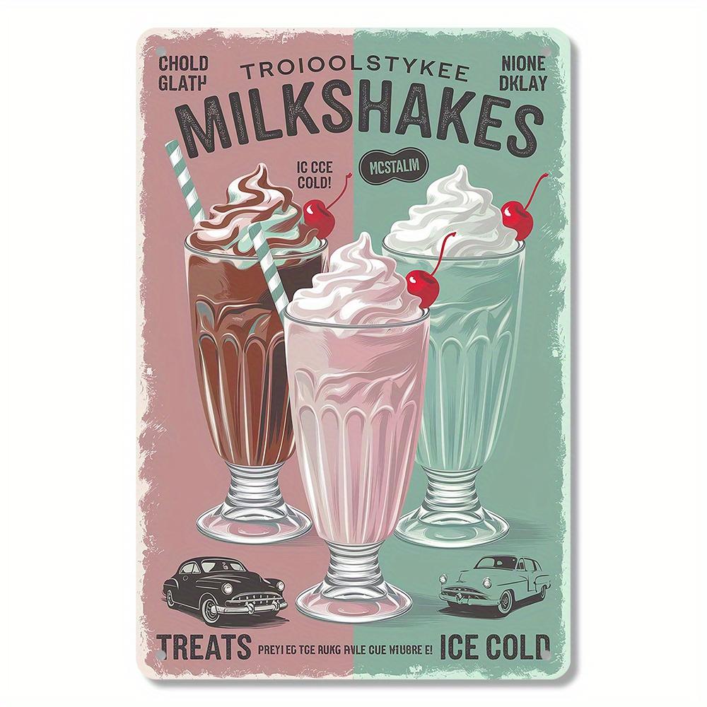 Vintage Ice Cold Milkshake Metal Tin Sign Retro Wall Art Decor Classic Car Treats Design with Chocolate Strawberry Va
