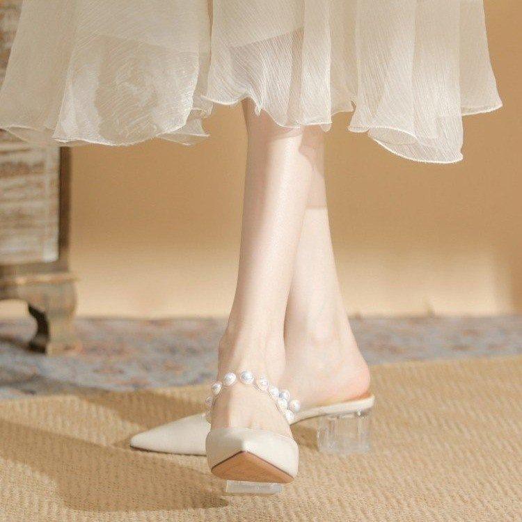 Summer transparent thick heel medium heel slippers year French bag head drag pointed sandals one word belt outside wear single shoes