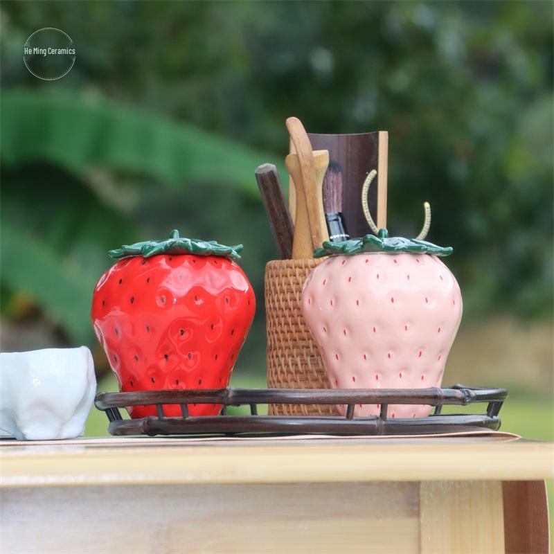 Hand-Painted Strawberry Ceramic Tea Can Ornament for Home Decor and Photography