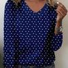 2025 Women's Basic V-Neck Long Sleeve,White Polka Dots Printed Polyester Relaxed Fit Tees Shirt,Spring Fall Casual Comfort Tops