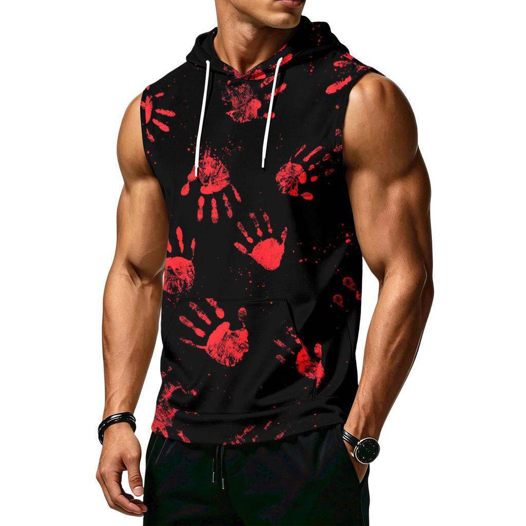 Men's Halloween Print Hooded Tank Top Casual Sleeveless Vest with Pockets Drawstring