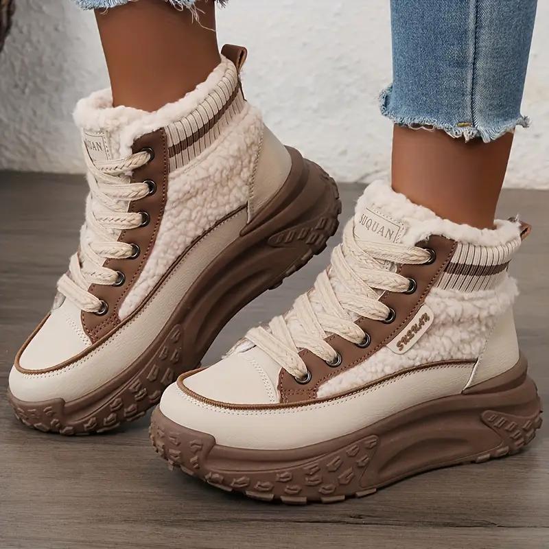 Women'S Warm High-Top Sneakers Faux Fur Lining - Brown Beige Round Toe Thick Sole Casual Comfort Shoes