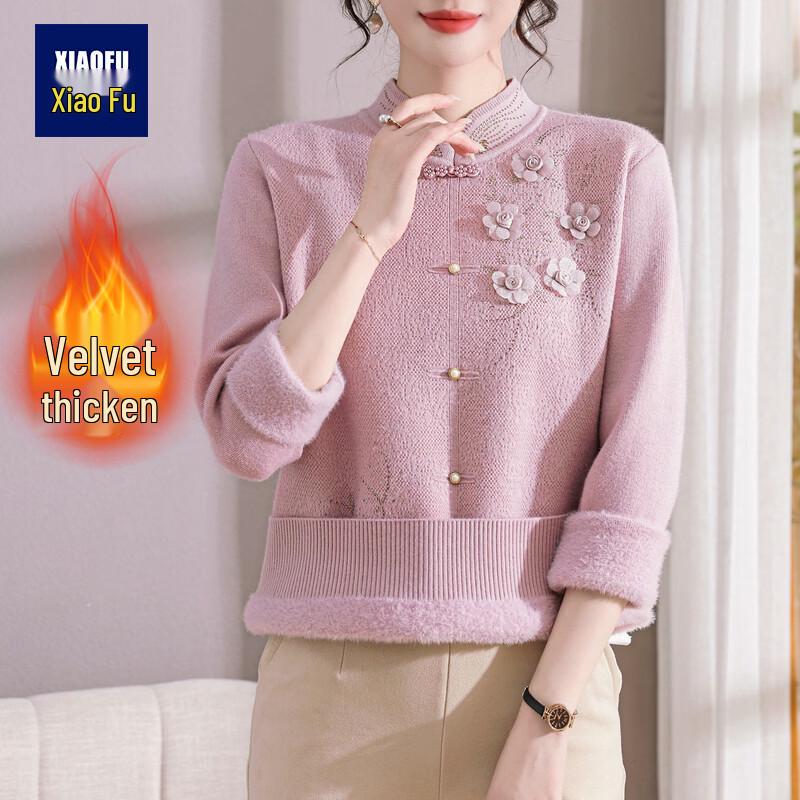 New Chinese Style Fleece-Lined Winter Sweater for Middle-Aged Women