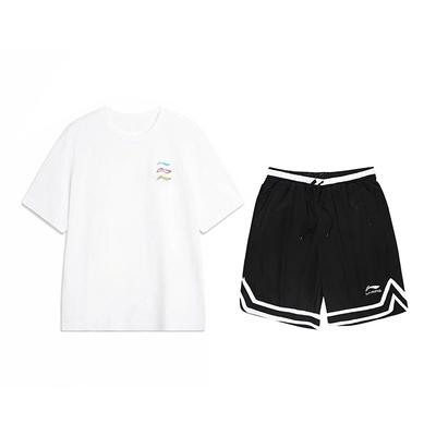 Li Ning Logo Print Rundhals Bequeme Mode Kurzarm Freizeit Sportanzug Unisex Anzug Weiß Schwarz YHSV371-2+YAPV001-1