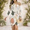 Women Plus Size Chain Strap Cold Shoulder Long Sleeve Printed Asymmetric Hem Bodycon Dress