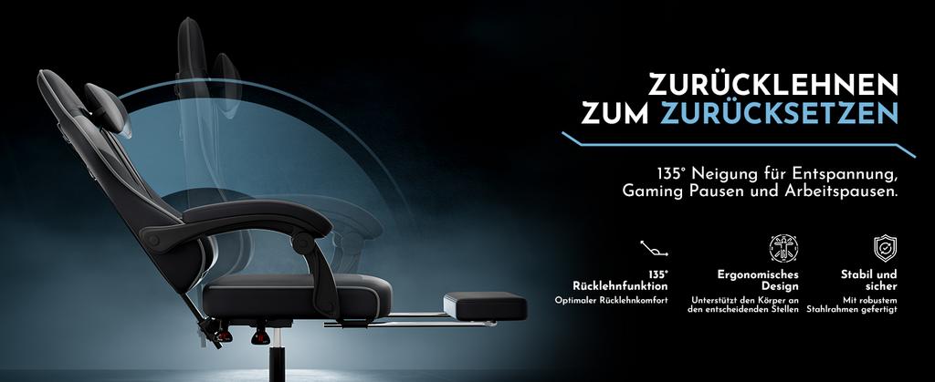 Gaming Chair PC Office with Lumbar Support, adjustable headrest and armrests, ergonomic desk with footrest, 90 degrees-145 degrees angle adjustable