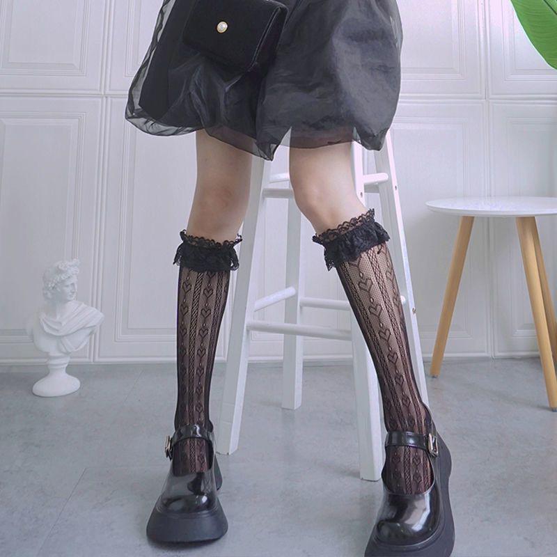 Summer Pattern Sexy Black Silk Calf Socks - Trendy, Slim, Hollow Tube Design for Girls
