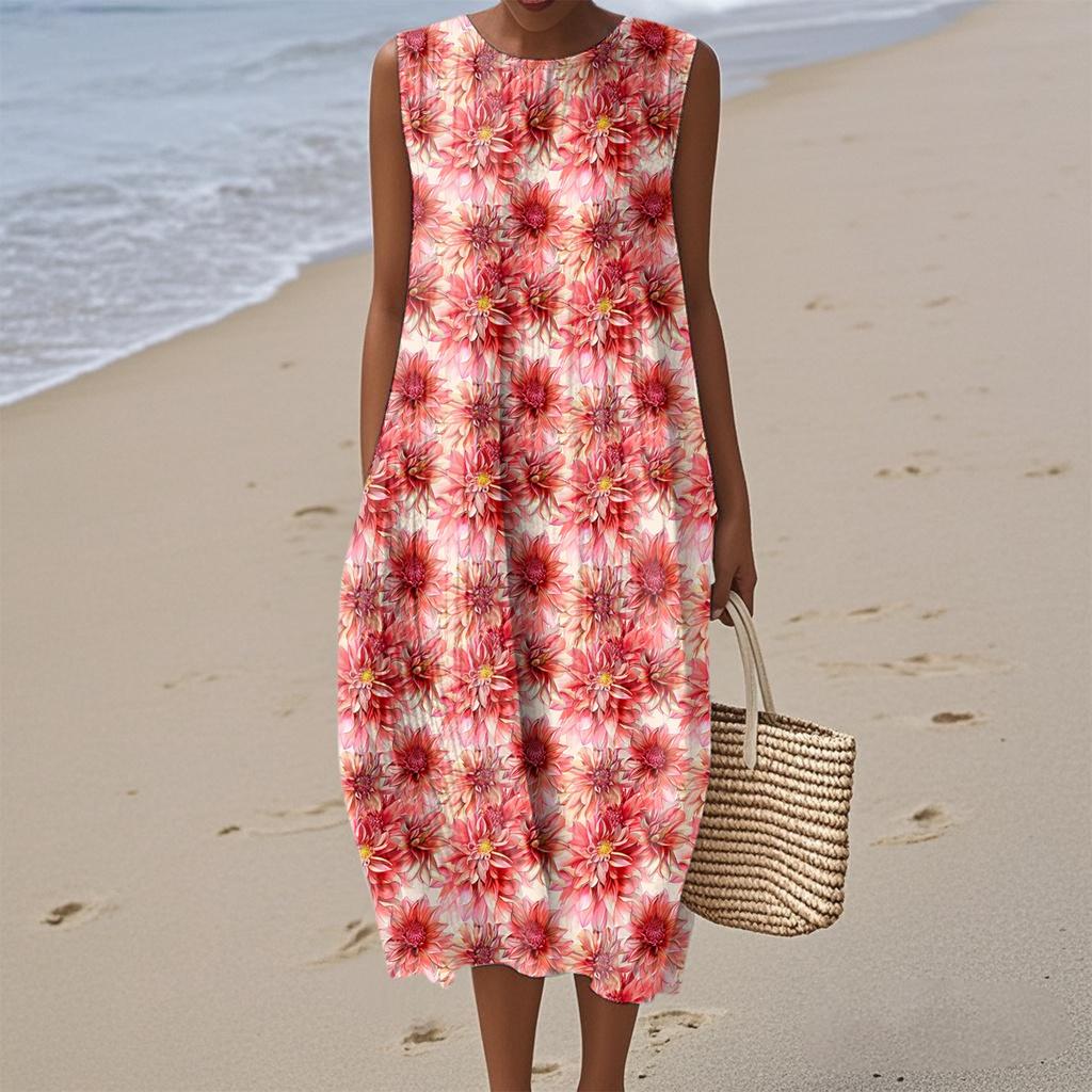 Women's Fashion Casual Sleeveless Round Neck Floral Elegant Temperament Dress