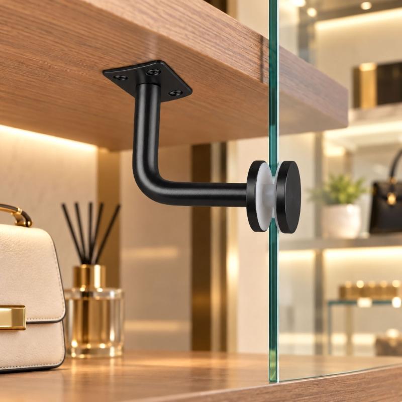 2-Piece Glass Support Hardware Set for Stair Rail, Featuring a Black Finish and Fixed-Plate Form for Mounting Tasks