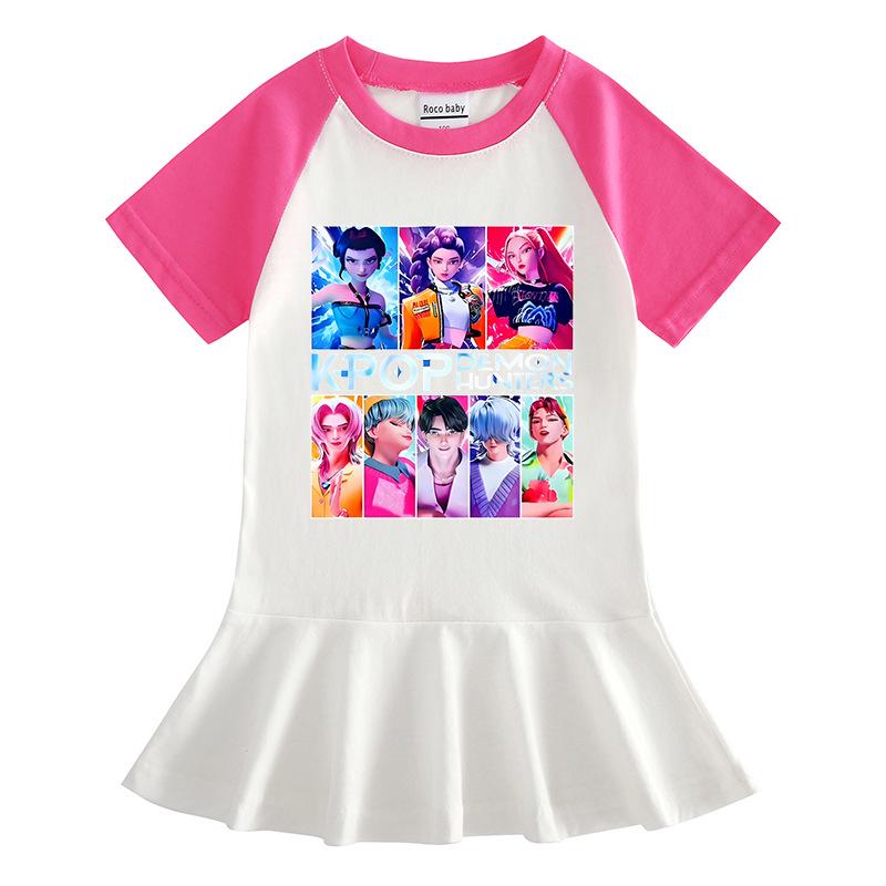 Kpop Witcher Girls Cartoon Pleated Short-Sleeve Summer Dress for Kids