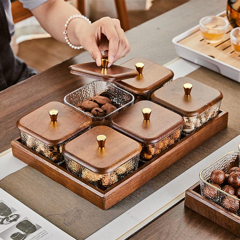 Luxury Glass Divided Snack Plate with Walnut Tray
