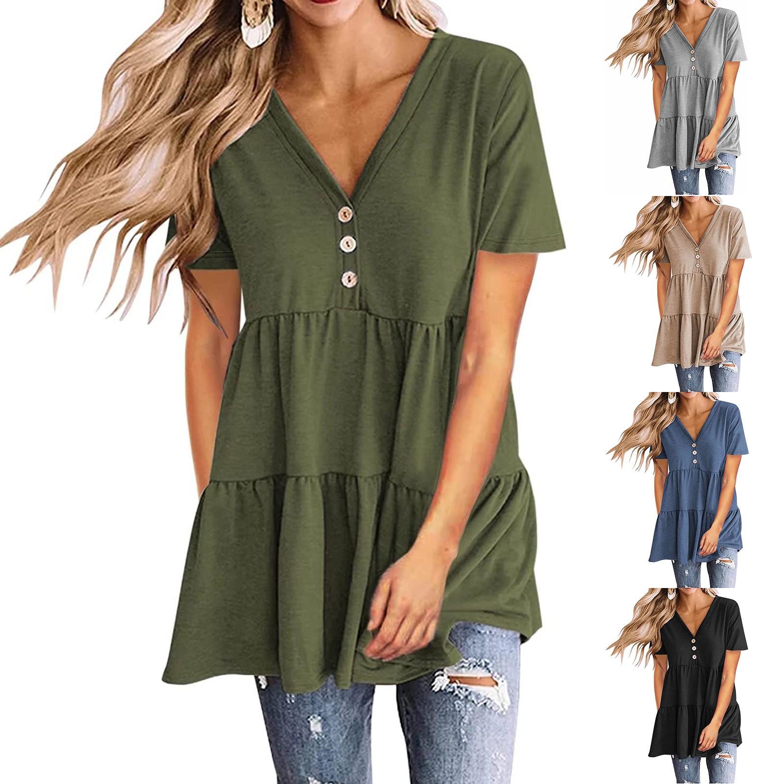 

Модное женское свободное летнее однотонное повседневное платье на пуговицах с короткими рукавами и v-образным вырезом