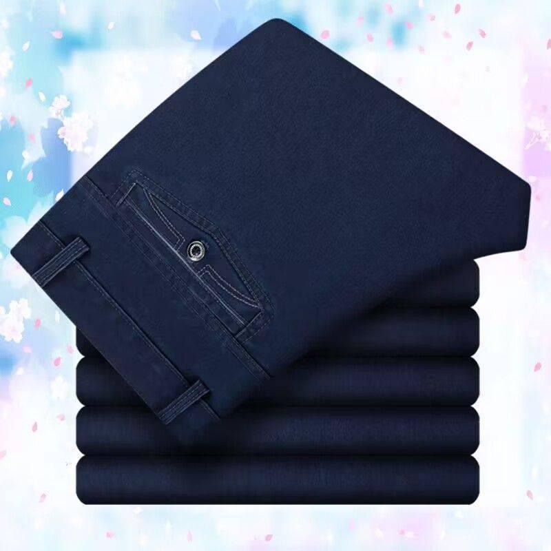 Straight Leg Loose Fit Stretch Jeans for Autumn/Winter - Mid-Rise, Thick Denim for Middle-Aged & Older Men