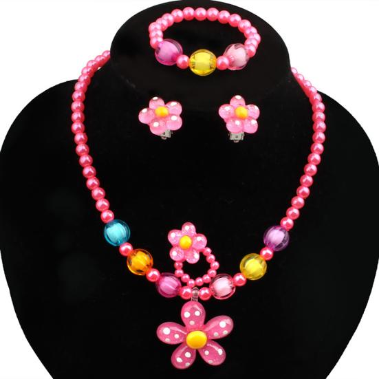 

5Pcs Handmade Flower Necklace Bracelet Ring Ear Studs Kids Girls Jewelry Set розы красного