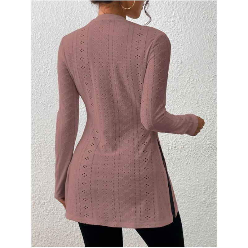 Blusa Lunga da Donna Jacquard Pizzo Spacco Casual Primavera Manica Lunga Slim Fit Camicie Monocolore Girocollo Elegante Moda Casual Ufficio Top Semplici Lavorazione a Rete