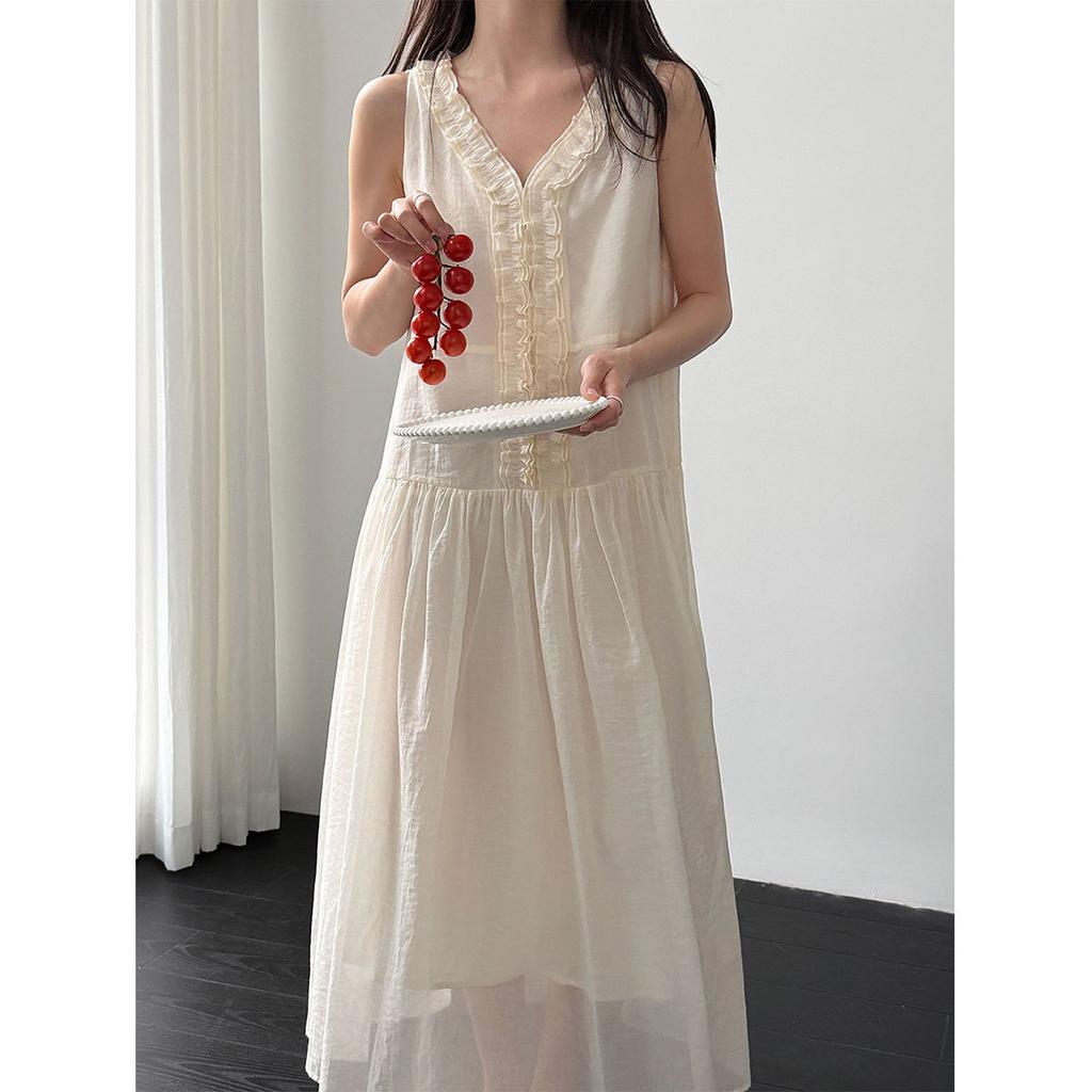 Johnature French Clear Fungus Edge A-line Korean Casual Loose Dresses Women Summer Sweet V-neck Sleeveless Dress