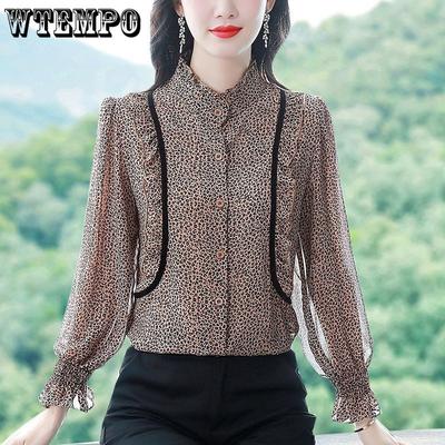 Langärmliges Chiffonhemd mit Leopardenmuster für Damen für Frühling und Herbst, schmales und dünnes Hemd, temperamentvolles Damenoberteil