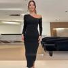 2024 Autumn Asymmetric Neckline Slim Fit Slit Bodycon Dress - European & American Pure Desire Style