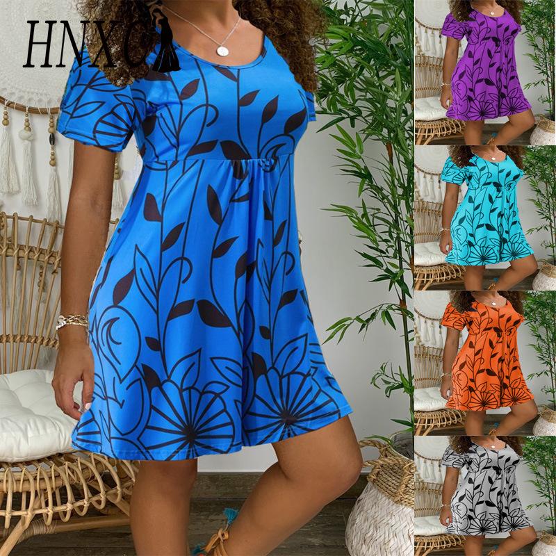 HNXC Women's Polyester High Waist Floral Print Tunic Dress