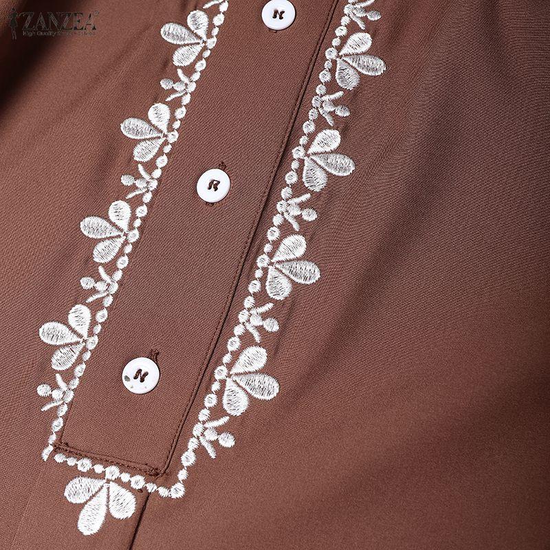 ZANZEA Women Casual Turn Down Collar Loose Floral Embroidery Long Sleeve Dress