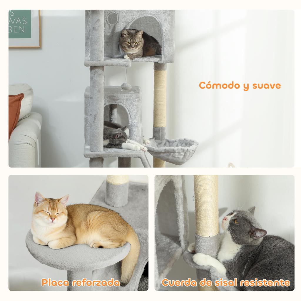 Cat Scratching Tree, 180 Cm, Platforms, Bed, 2 Caves, Hammock, Ladder, Sisal Posts, Light Gray
