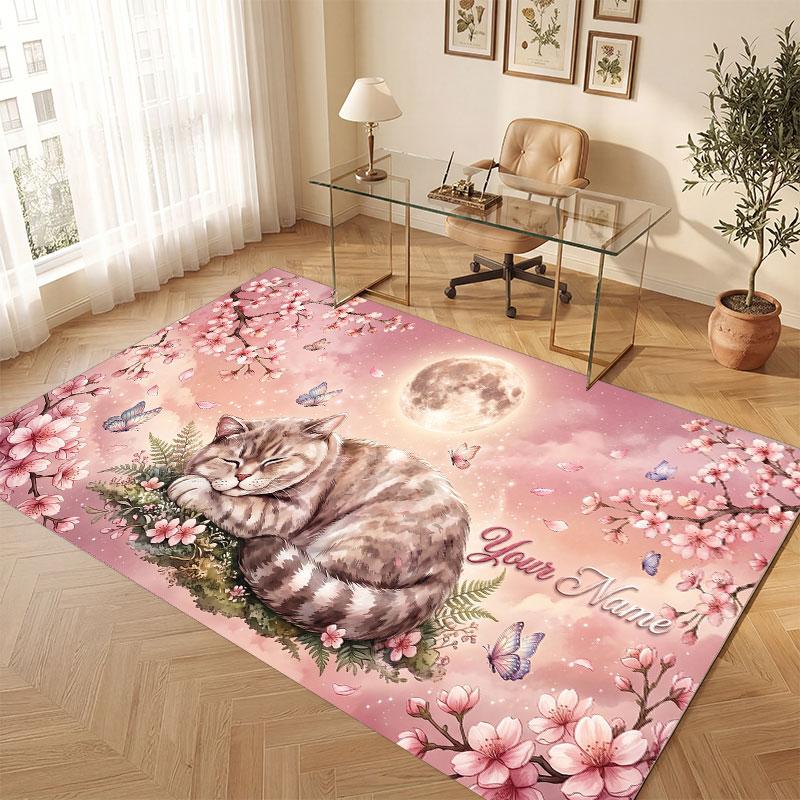 Cat Theme Crystal Velvet Floor Rug Personalized Custom Name Text Warm Carpet Home Decoration
