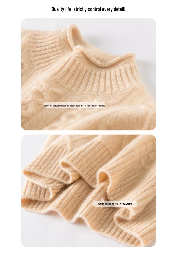 Women's Half-High Neck Cable Knit Cashmere Sweater - Diamond Pattern, Thick & Warm for Autumn & Winter