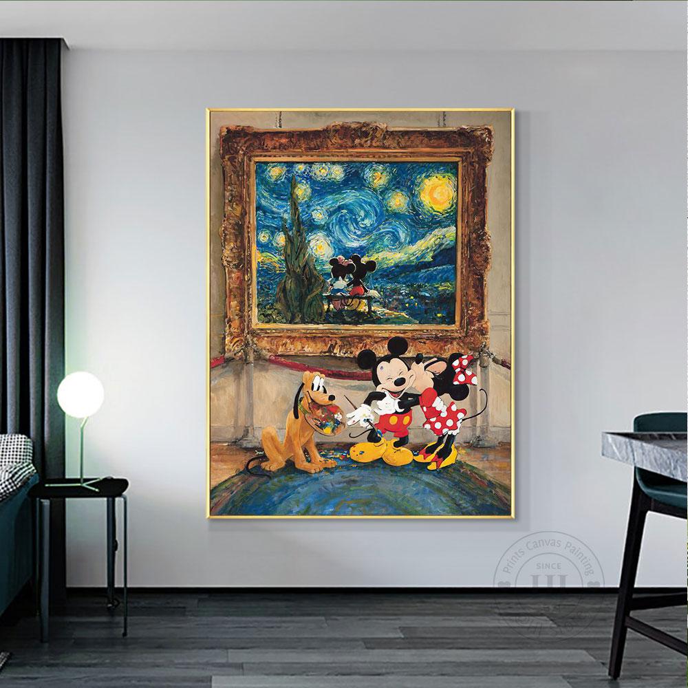 Disney Myszka Miki i Myszka Minnie Całują się pod Gwieździstą Nocą Dekoracja Ścienna Plakaty i Grafiki Obraz Olejny na Płótnie do Salonu Prezenty Bez Ramki