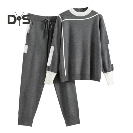 1 Set Frauen Anzug Farbe Passenden Bequemen Casual Langarm Pullover Und Hosen Set für Zuhause Im Freien