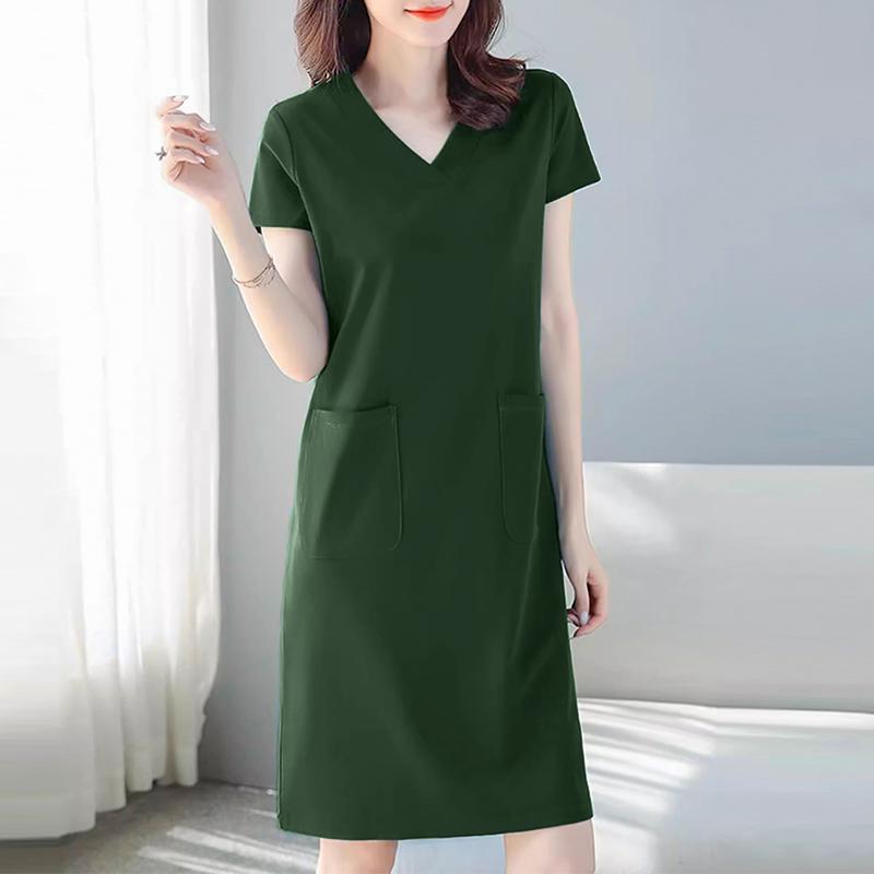 

ZANZEA Женское повседневное однотонное платье с V-образным вырезом и коротким рукавом 3XL зелёный