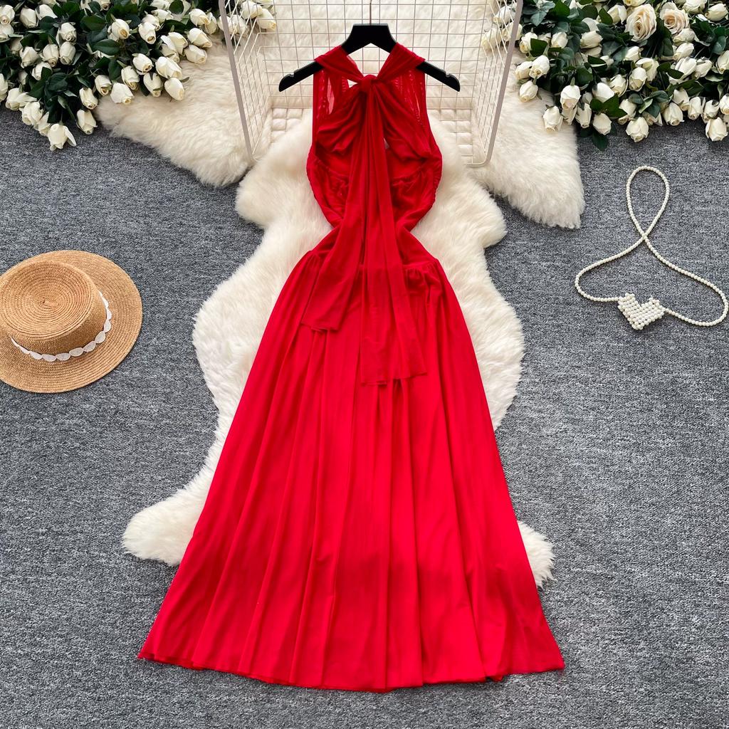 Summer V-neck Off Shoulder Strapless Mesh Midi-length Dresses Womens Sexy Halter Backless Buttons Deco Slim Beach Vacation Dress