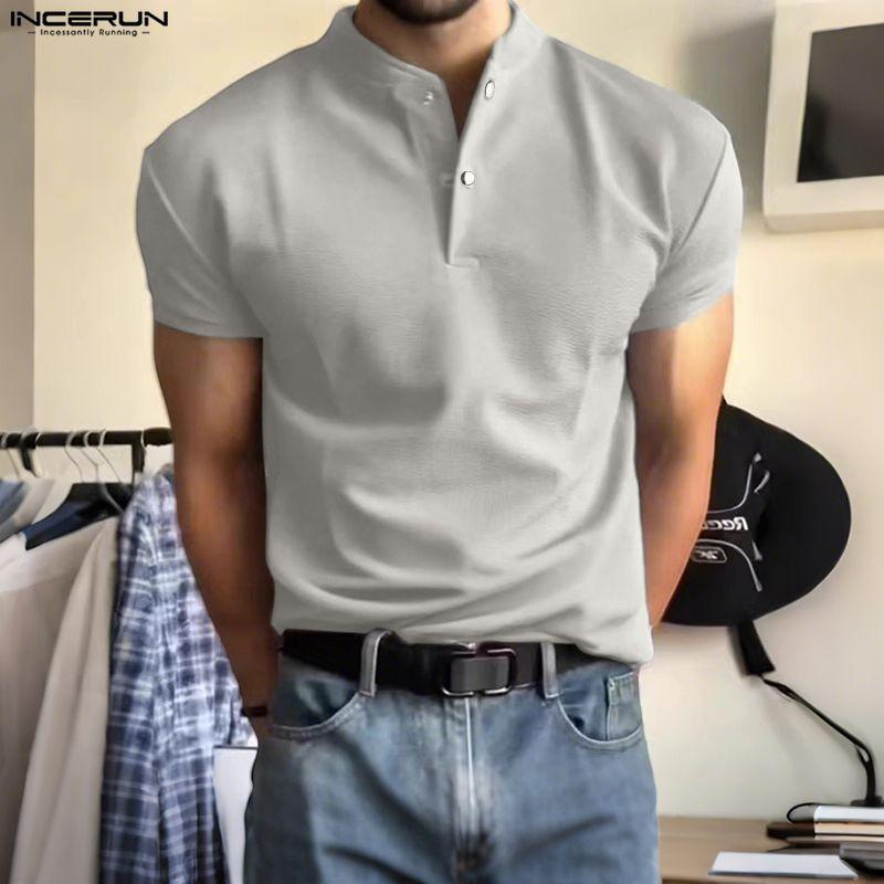 INCERUN Men Stand Neck Short Sleeve Solid Color Waffle Texture Casual Henley T-shirts Tops