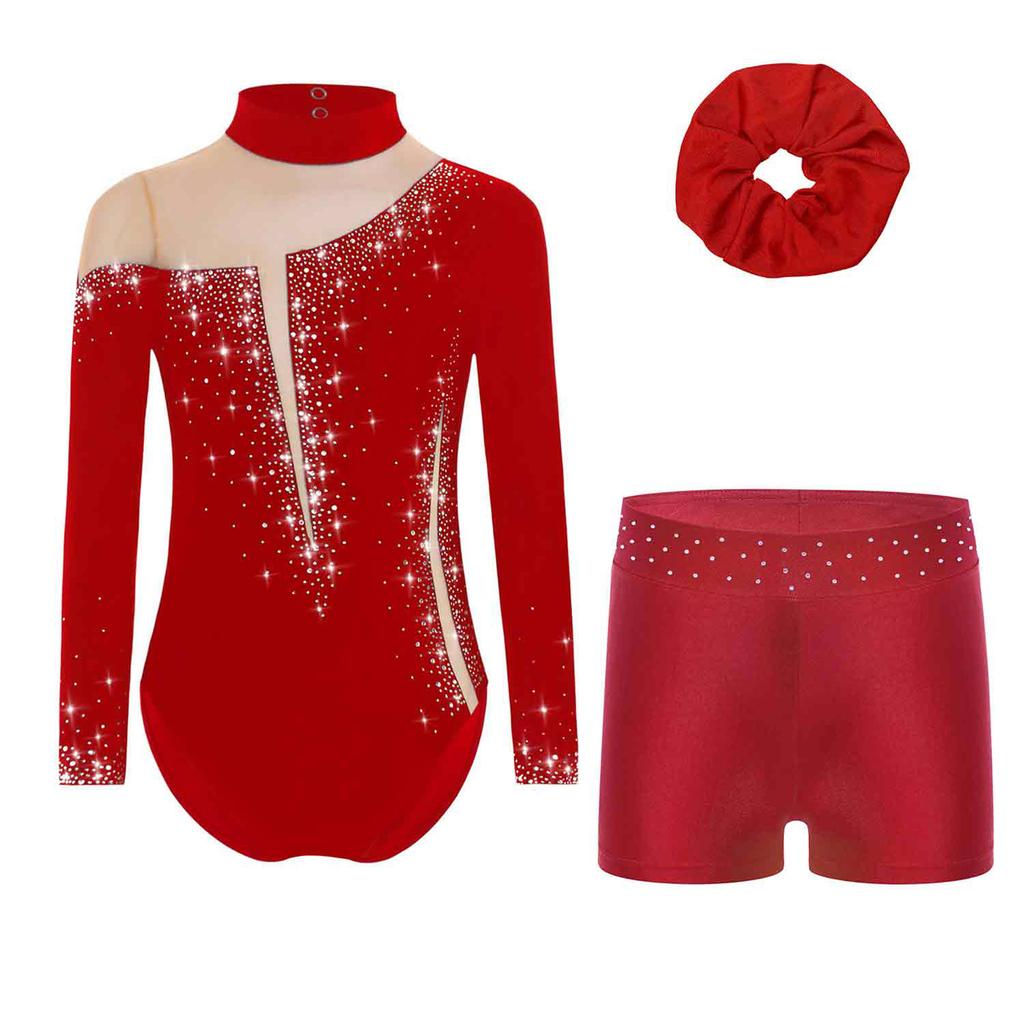 Girls Figure Skating Dance Set Long Sleeve Keyhole Back Sheer Mesh Patchwork Sparkly Rhinestones Leotard Shorts Hair Band
