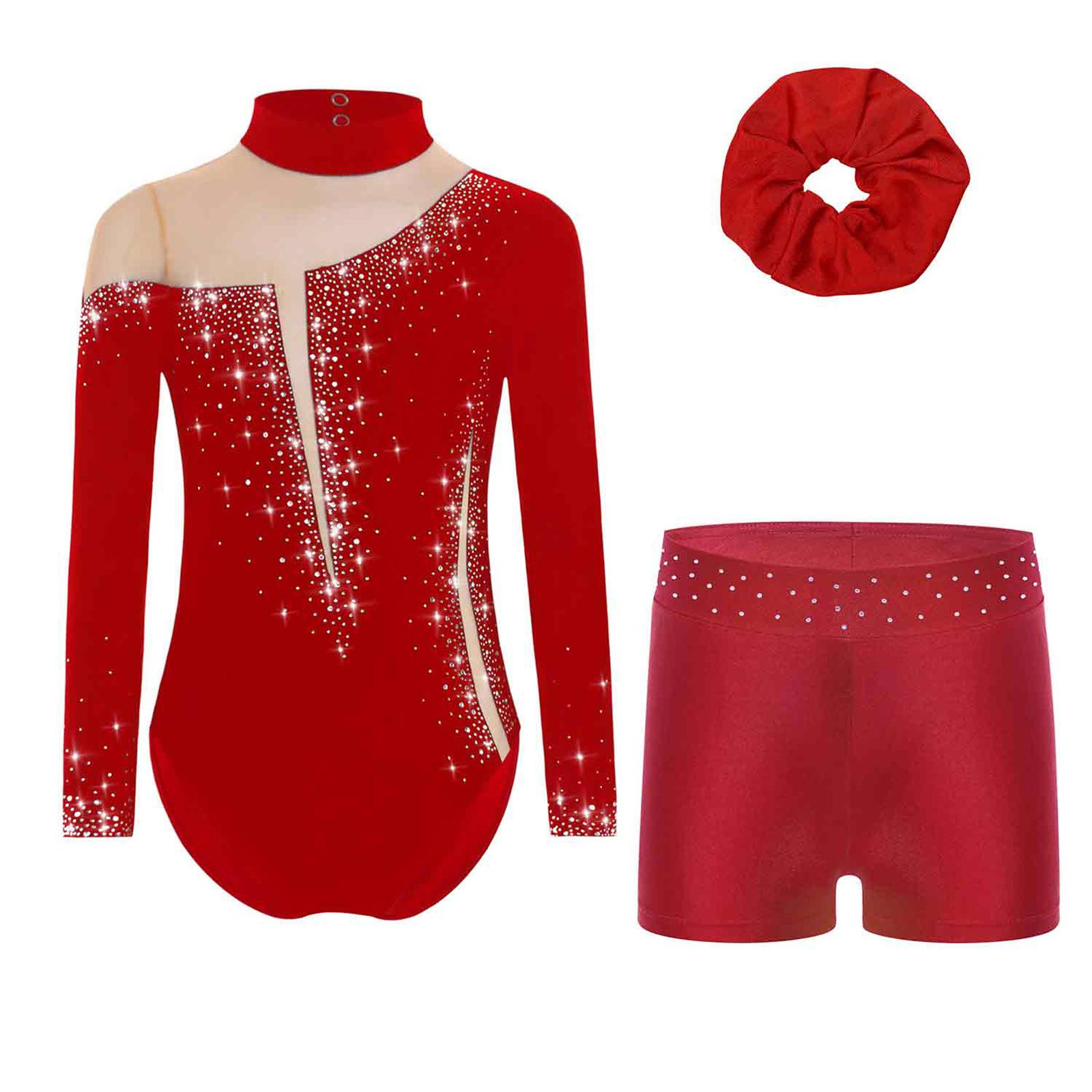 

Комплект для танців для фігурного катання для дівчаток, леотар з довгим рукавом, з вирізом на спині, з прозорою сітчастою вставкою, з блискучими стразами, шорти, пов язка для волосся 5-6 Years