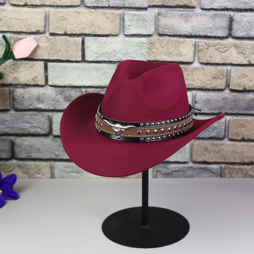 Western Cowboy Hat Big Edge Top Hat Women's European and American Jazz Hat Upturned Edge Felt Hat Tibetan Bull Head Casual Hat Men