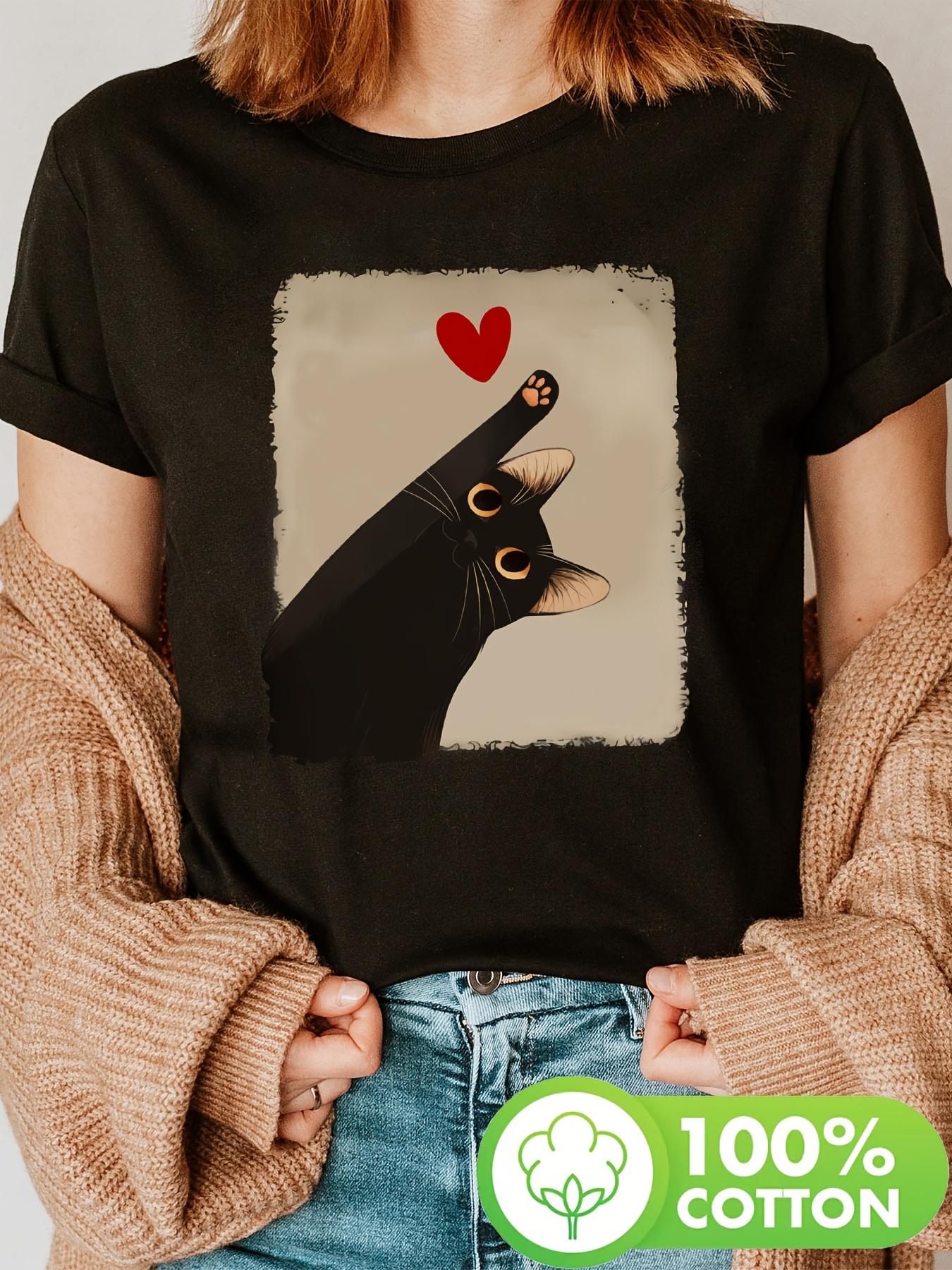 

T-Shirt, Short Sleeve Crew Neck Casual Top, Black Cat Heart Print, for Women, Summer & Spring S разноцветный
