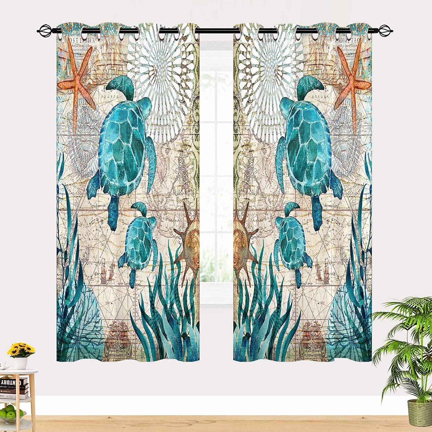 

Шторы на окна с изображением морских черепах для спальни, шторы с морскими мотивами в стиле океана, украшение комнаты с подводной морской жизнью 100W160H(CM)40x63in&Grommet Top
