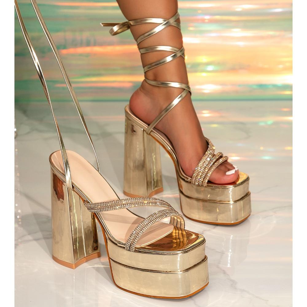 Designer New Fashion Gold Solid Colored Cross-tied Heels Supper High Platform Dressing Sandals Peep-toe High Heel Sandals