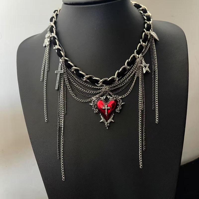 Stylish Red Heart-Star Leather Necklace with Tassel